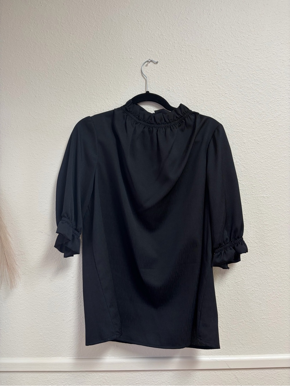 Women's Black Ruffle-Neck Blouse with Gathered Sleeves